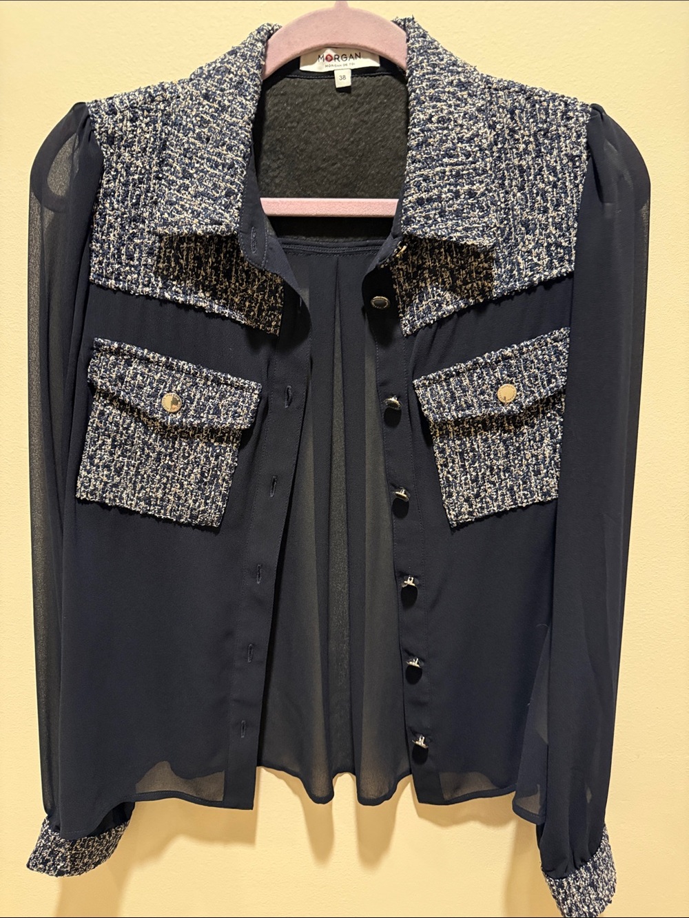 Morgan Navy Blouse with Tweed Trim and Gold Buttons